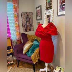 MARIBEL CREPE RUFFLE SHOULDER DRESS (RED)